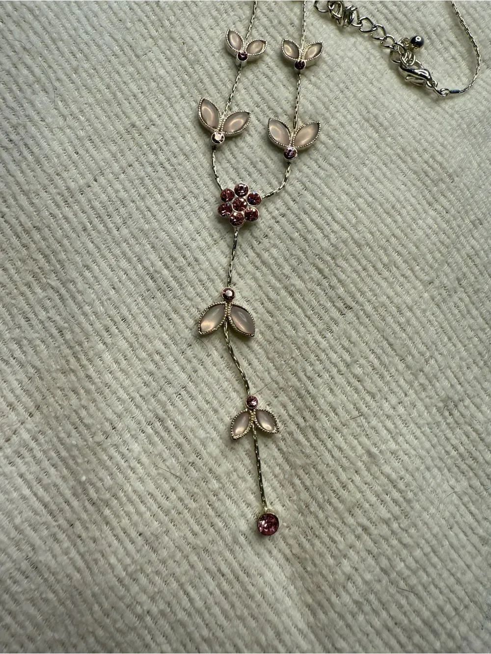 Y2K Pink Sakura Flower and Rhinestone Link Drop Necklace